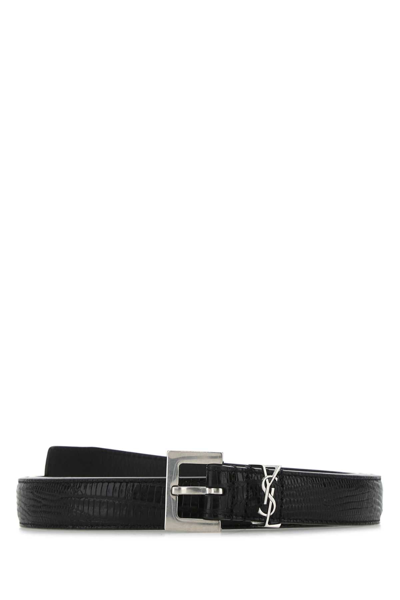 Shop Saint Laurent Logo Buckle Embossed Belt In Black