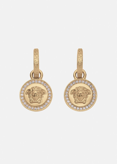 Shop Versace Crystal La Medusa Greca Earrings In Gold