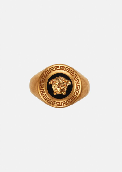 Shop Versace Medusa Enamel Signet Ring In Black+gold