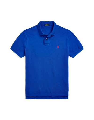 Shop Polo Ralph Lauren Custom Slim Fit Mesh Polo Shirt Man Polo Shirt Bright Blue Size Xxl Cotton