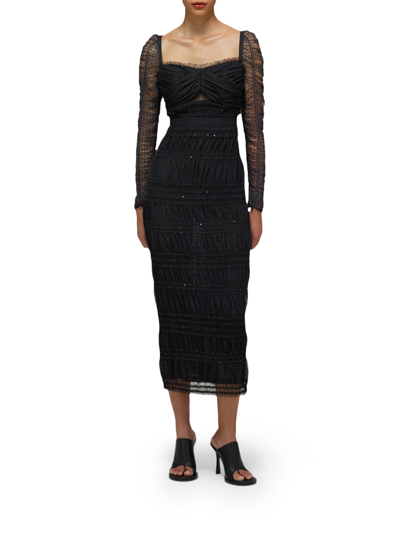 Shop Self-portrait Black Dot Mesh Shirred Midi Dress