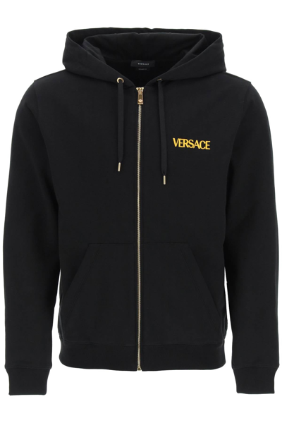 Shop Versace Medusa Logo Embroidered Zipped Hoodie In Black