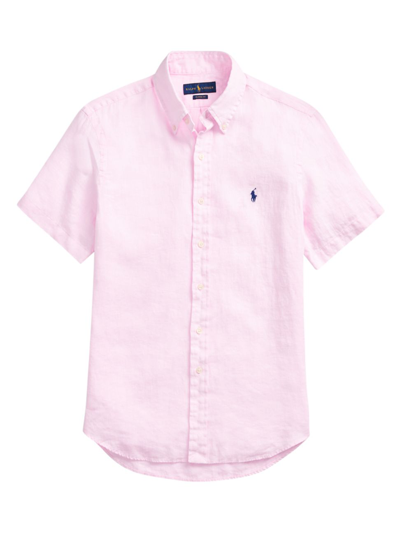 Shop Polo Ralph Lauren Men's Classic-fit Short-sleeve Linen Shirt In Carmel Pink