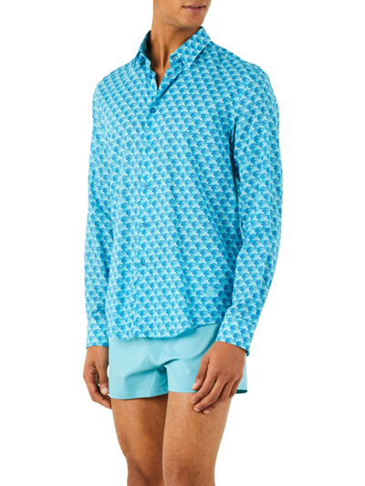 Shop Vilebrequin Men's Waves Cotton Voile Shirt In Lazuli Blue