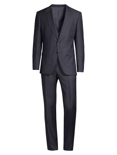 Shop Hugo Boss 3-piece Patterned Wool Slim-fit Suit In Dark Blue