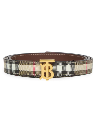 Shop Burberry Women's Reversible Tb Logo Vintage Check Belt In Beige Tan Gold