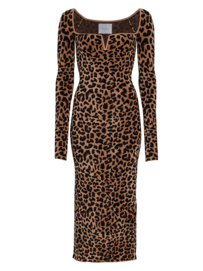 Shop Galvan Freya Rib-knit Midi-dress In Leopard