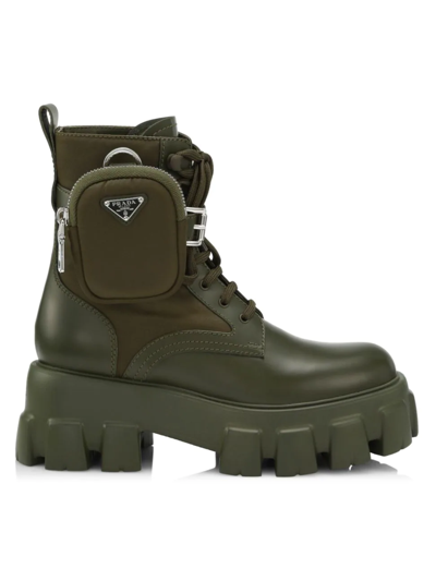 Shop Prada Women's Monolith Leather & Nylon Lug-sole Combat Boots In Militare
