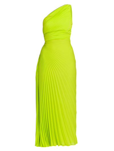 Shop Valentino Women's One-shoulder Pleated Midi-dress In Limegreen