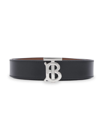 Shop Burberry Women's Reversible Tb Logo Leather Belt In Black Tan Silver