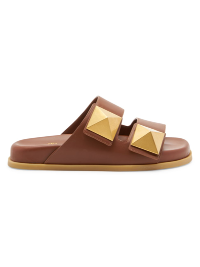 Shop Valentino Women's Studded Leather Slides In Tan Brown