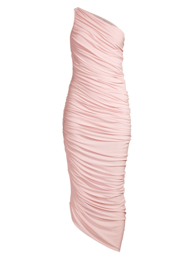 Shop Norma Kamali Diana Ruched One-shoulder Gown In Blush