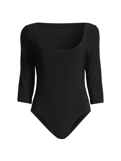 Shop Norma Kamali Women's Scoop-neck Three-quarter-sleeve Bodysuit In Black