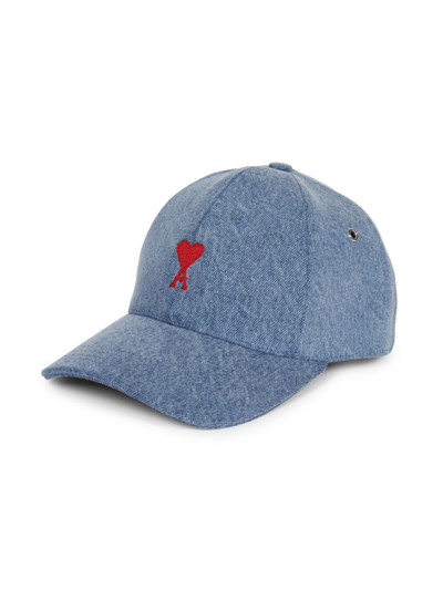 Shop Ami Alexandre Mattiussi Men's Embroidered Logo Denim Baseball Cap In Bleu Javel