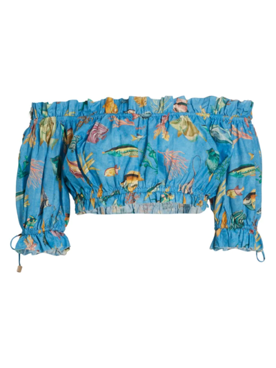 Shop Alemais Women's Otto Fish-print Textured Cotton Crop Top In Blue