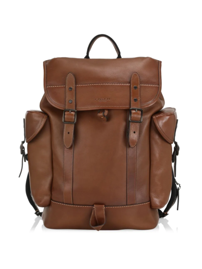 Shop Coach Men's Hitch Leather Backpack In Dark Saddle