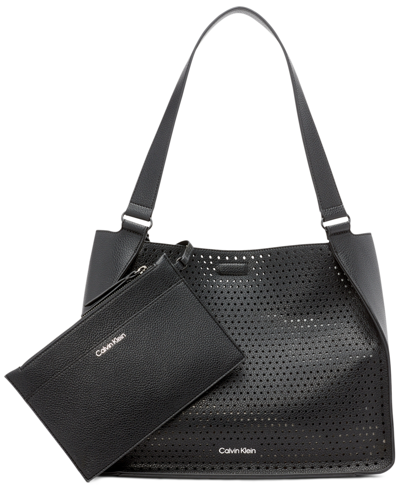Calvin Klein Women s 2 piece Estelle Perforated Faux Leather Crossbody Bag Wristlet Set In Black ModeSens