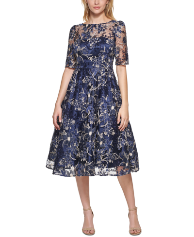 Shop Eliza J Petite Embroidered Sequin Dress In Navy