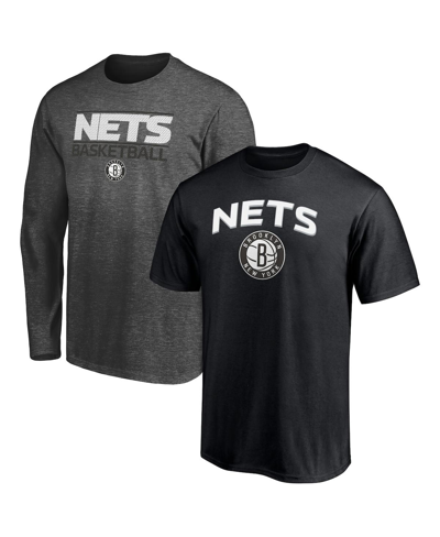 Shop Fanatics Men's  Branded Black, Heather Charcoal Brooklyn Nets T-shirt Combo Set In Black/heathered Charcoal