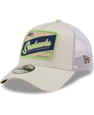 Shop New Era Men's  Khaki, White Seattle Seahawks Happy Camper A-frame Trucker 9forty Snapback Hat In Khaki/white