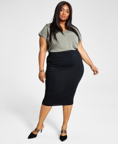 Shop Bar Iii Trendy Plus Size Bodycon Jersey Midi Skirt, Created For Macy's In Deep Black