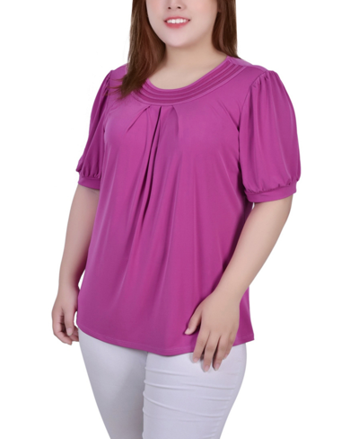 Ny Collection Plus Size Short Puff Sleeve Sheer Inset Top In Magenta