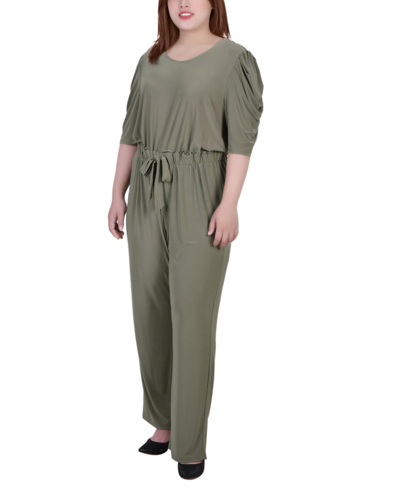 Shop Ny Collection Plus Size Elbow Sleeve Jumpsuit In Olive