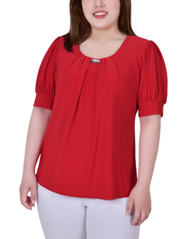 Ny Collection Plus Size Short Sleeve Balloon Sleeve Top With Hardware In Bittersweet