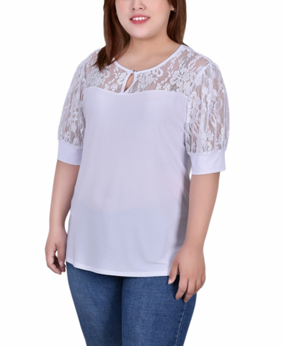 Ny Collection Plus Size Short Puff Sleeve Top With Lace Sleeves And Yoke In White