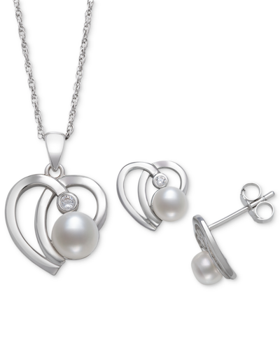 Shop Belle De Mer 2-pc. Set Cultured Freshwater Button Pearl (6mm) & Cubic Zirconia Heart Pendant Necklace & Matching  In Sterling Silver