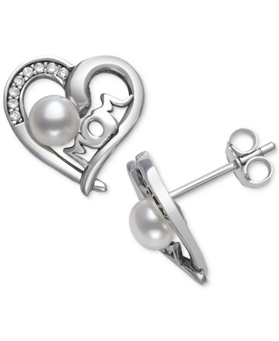 Shop Belle De Mer Cultured Freshwater Button Pearl (4mm) & Cubic Zirconia Mom Heart Stud Earrings In Sterling Silver