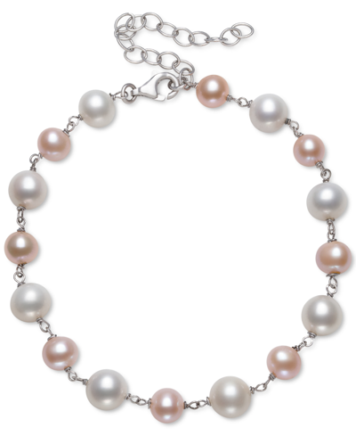Shop Belle De Mer Gray & White Cultured Freshwater Pearl (5-6mm & 7-8mm) Bracelet In Sterling Silver (also In Pink & W