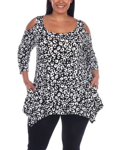 White Mark Plus Size Leopard Cold Shoulder Tunic Top In Black Leopard