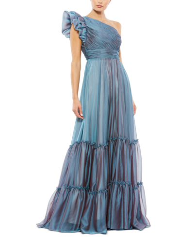 Shop Mac Duggal Ruffled One-shoulder Gown In Fusion Blue