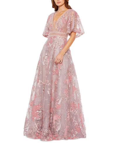 Shop Mac Duggal Floral-embroidered V-neck Gown In Pink