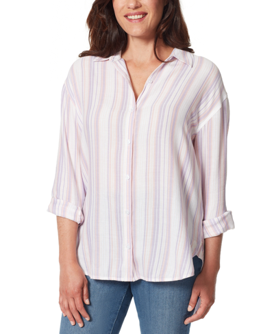 Shop Gloria Vanderbilt Amanda Button-front Shirt In Screen Stripe Ribbon Pink