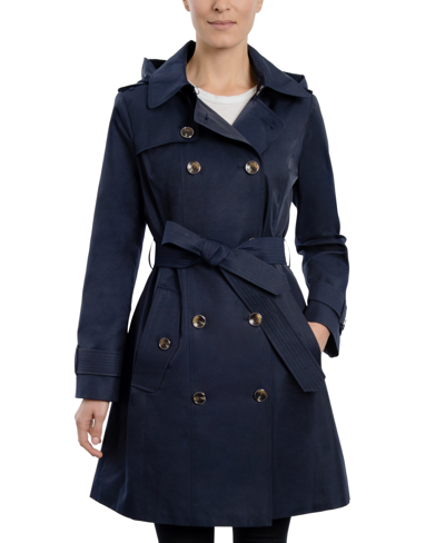 Shop London Fog Women's Hooded Double-breasted Trench Coat In Midnight Navy
