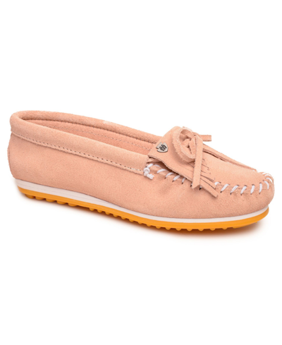 Shop Minnetonka Women's Kilty Plus Moccasin Flats Women's Shoes In Peach Suede