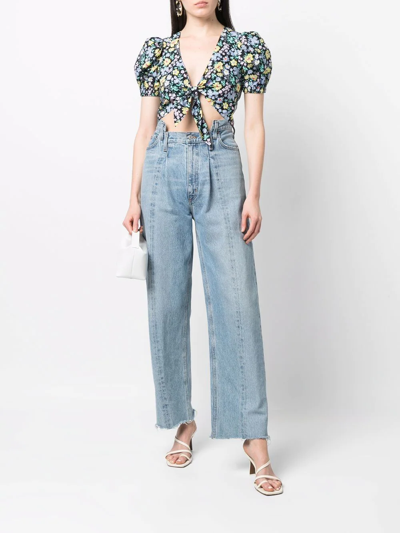 Shop Versace Jeans Couture Floral-print Crop Top In Schwarz