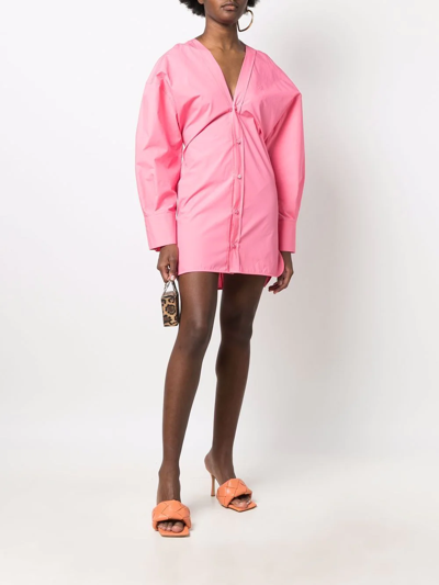 Attico Exaggerated Sleeve Button-down Mini Dress In Pink