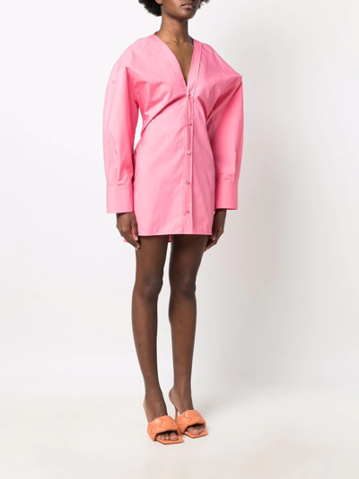 Attico Exaggerated Sleeve Button-down Mini Dress In Pink