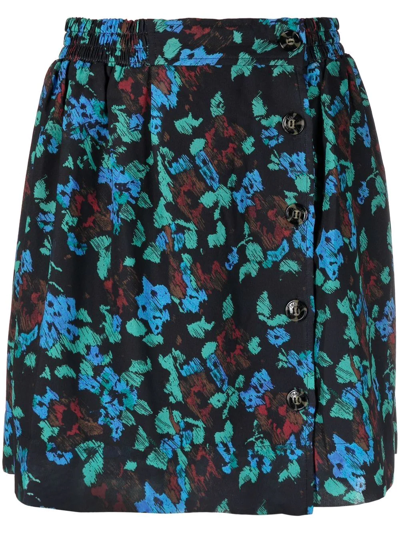 Ganni Printed Light Crepe Smock Mini Skirt In Meadow Azure Blue In Schwarz