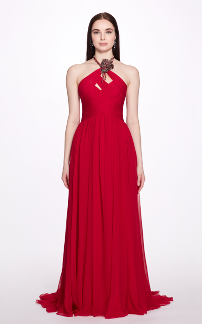 Shop Marchesa Women's Embroidered Silk Chiffon Grecian Gown In Red