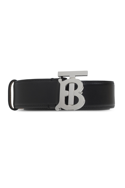 Shop Burberry Ladies Black / Palladio Tb Monogram Buckle Leather Belt, Size Medium