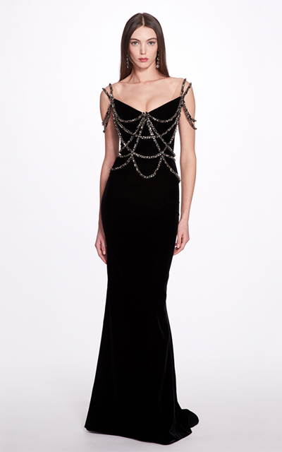 Shop Marchesa Women's Crystal-encrusted Velvet Gown In Black