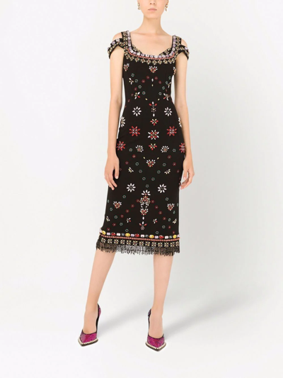 Dolce & Gabbana Jersey Midi Dress With Multi-colored Embroidery In Schwarz