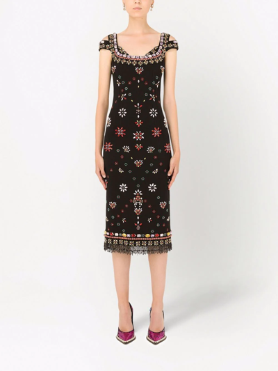 Dolce & Gabbana Jersey Midi Dress With Multi-colored Embroidery In Schwarz