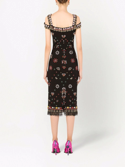 Dolce & Gabbana Jersey Midi Dress With Multi-colored Embroidery In Schwarz