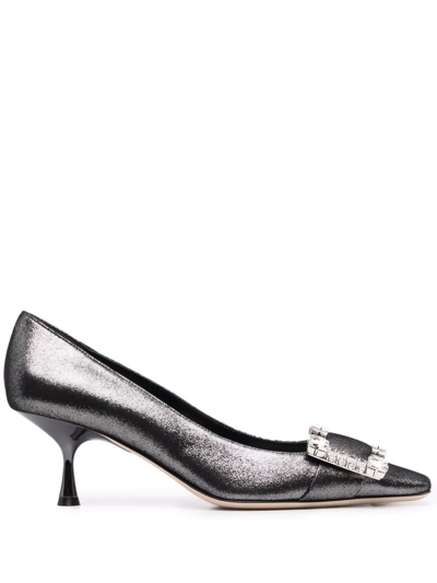 Shop Sergio Rossi Crystal-embellished Square-toe Pumps In Black