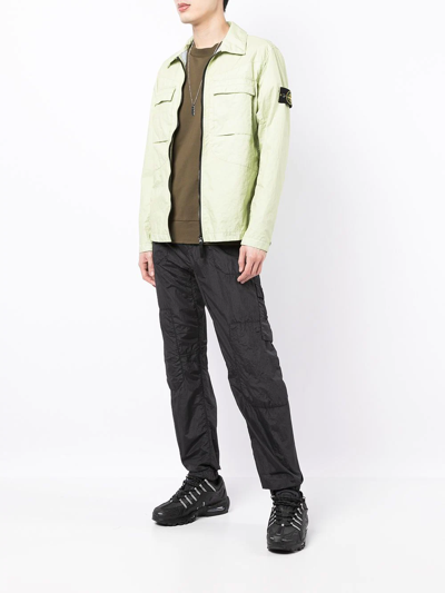Stone Island Compass-patch Crinkled Zip-up Overshirt In Butter